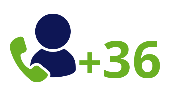 Landnummer Hongarije +36 - donkerblauw pictogram persoon - groene telefoon - groen landnummer - op transparante achtergrond - 600 * 337 pixels 